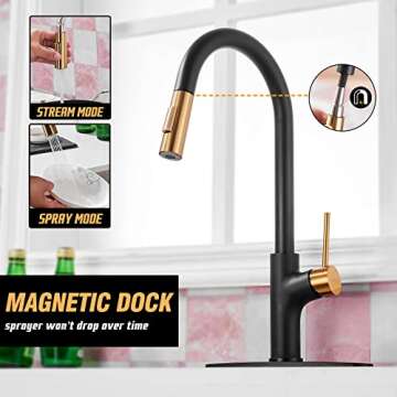 Achelous Black and Gold Kitchen Faucet with Pull Down Magnetic Docking Sprayer,Stainless Steel Pull Out RV Kitchen Sink Faucets,Single Handle Deck Mount,Grifos De Cocina (Black and Gold)