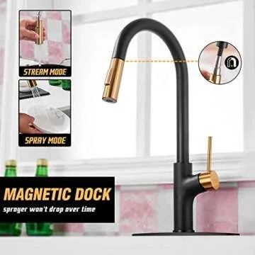 Achelous Black and Gold Kitchen Faucet with Pull Down Magnetic Docking Sprayer,Stainless Steel Pull Out RV Kitchen Sink Faucets,Single Handle Deck Mount,Grifos De Cocina (Black and Gold)