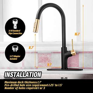 Achelous Black and Gold Kitchen Faucet with Pull Down Magnetic Docking Sprayer,Stainless Steel Pull Out RV Kitchen Sink Faucets,Single Handle Deck Mount,Grifos De Cocina (Black and Gold)