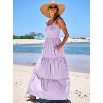 ANRABESS Women's Summer Casual Long Maxi Beach Vacation Dresses Sleeveless Square Neck Flowy Tiered Sun Dress with Pockets Purple Small