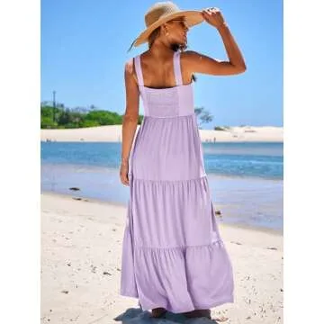 ANRABESS Women's Summer Casual Long Maxi Beach Vacation Dresses Sleeveless Square Neck Flowy Tiered Sun Dress with Pockets Purple Small