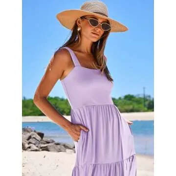 ANRABESS Women's Summer Casual Long Maxi Beach Vacation Dresses Sleeveless Square Neck Flowy Tiered Sun Dress with Pockets Purple Small