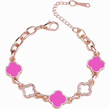 Riuziyi Lucky Clover Bracelet - Adjustable Four Leaf Charm Bracelet in Pink