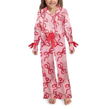 Yuemengxuan Mommy and Me Christmas Pajamas Sets Xmas Matching Set Bow Tie Long Sleeve Shirt Pants Lounge Set for Women Girls (Pink & Red, Girls, 5-6T)