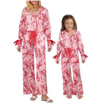 Yuemengxuan Mommy and Me Christmas Pajamas Sets Xmas Matching Set Bow Tie Long Sleeve Shirt Pants Lounge Set for Women Girls (Pink & Red, Girls, 5-6T)