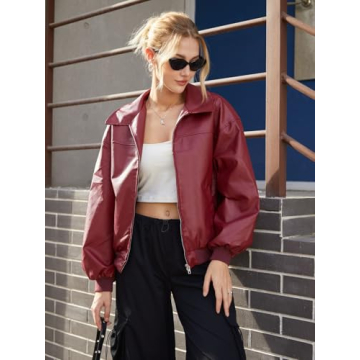 SHENHE Women's Burgundy Faux Leather Jacket - Streetwear Essential