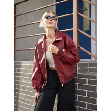 SHENHE Women's Burgundy Faux Leather Jacket - Streetwear Essential