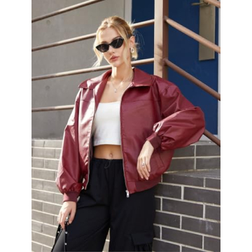 SHENHE Women's Burgundy Faux Leather Jacket - Streetwear Essential