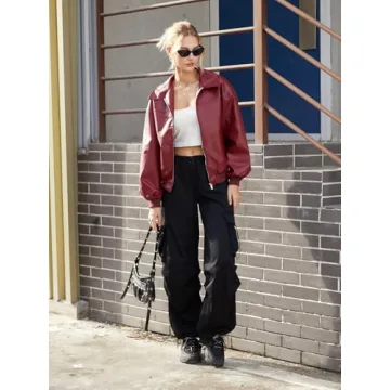 SHENHE Women's Burgundy Faux Leather Jacket - Streetwear Essential