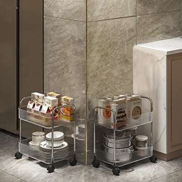 2-Tier Utility Rolling Cart Storage Organizer Sofa Side Table with Wheels, Under Desk Mobile Trolley...
