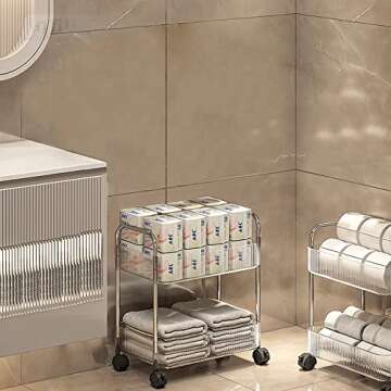 2-Tier Utility Rolling Cart Storage Organizer Sofa Side Table with Wheels, Under Desk Mobile Trolley Organizer with Handle and 2 Hanging Baskets for Office Home Kitchen Organization, Transparent