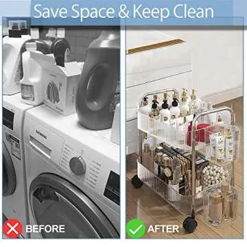 2-Tier Utility Rolling Cart Storage Organizer Sofa Side Table with Wheels, Under Desk Mobile Trolley Organizer with Handle and 2 Hanging Baskets for Office Home Kitchen Organization, Transparent