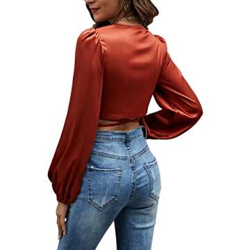 LYANER Women's Satin Wrap V Neck Criss Cross Tie Long Sleeve Crop Blouse Top