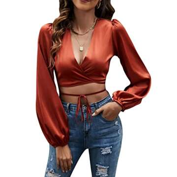 LYANER Women's Satin Wrap V Neck Criss Cross Tie Long Sleeve Crop Blouse Top
