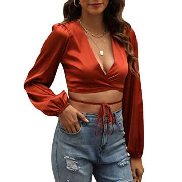 LYANER Women's Satin Wrap V Neck Criss Cross Tie Long Sleeve Crop Blouse Top