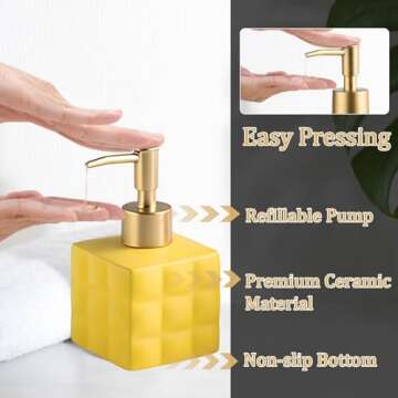 Hand Soap Dispenser Dish Cube Soap Dispenser Countertop 7.44 FL OZ. /220 ML Hand Lotion Pump Bottle Ceramic Lotion Container Liquid Hand Soap Jar Shower Dispenser Kitchen Bathroom Décor (Yellow)