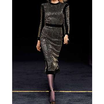 whoinshop Women's High Neck Long Sleeves Rhinestone Midi Evening Bandage Elegant Dress (L, Black)