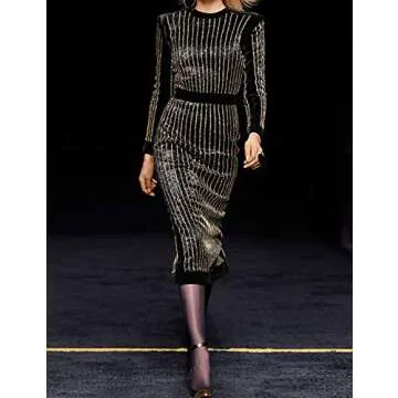 whoinshop Women's High Neck Long Sleeves Rhinestone Midi Evening Bandage Elegant Dress (L, Black)