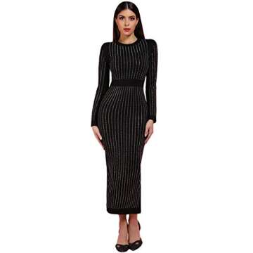 whoinshop Women's High Neck Long Sleeves Rhinestone Midi Evening Bandage Elegant Dress (L, Black)