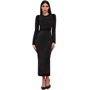 whoinshop Women's High Neck Long Sleeves Rhinestone Midi Evening Bandage Elegant Dress (L, Black)