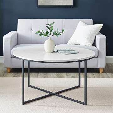 Walker Edison Cora Modern Round Faux Marble Top Coffee Table with X Base, 36 Inch, Marble and Black