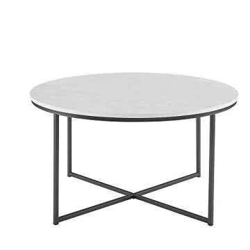 Walker Edison Cora Modern Round Faux Marble Top Coffee Table with X Base, 36 Inch, Marble and Black