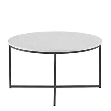 Walker Edison Cora Modern Round Faux Marble Top Coffee Table with X Base, 36 Inch, Marble and Black