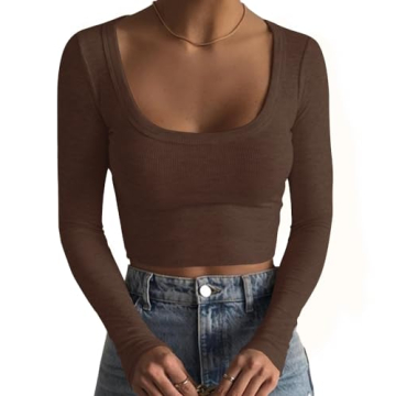 Artfish Women's Square Neck Long Sleeve Crop Top Chocolate Brown