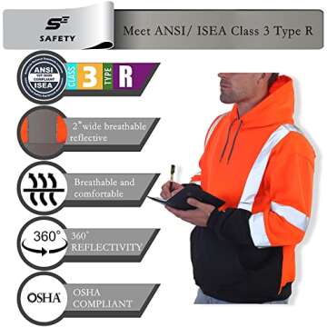 sesafety Class 3 High Visibility Hoodie Pullover - Reflective Safety Sweatshirt with Black Hem
