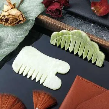 Geiserailie 2 Pieces Jade Combs Massage Stone Hair Gua Sha Scraping Scalp Comb Facial Massage Tool Multifunctional Handheld Head Tools Head Caring Therapy Mother's Day Gift(Chic Style)