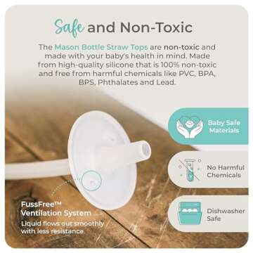 Mason Bottle Silicone Straw Topper (2 Pack) - Sippy Cup Top Replacement, Fits Any 8oz Regular-Mouth Mason Jar Baby Bottle - for All Ages, BPA Free, Non-Toxic, Dishwasher Safe - Made in USA