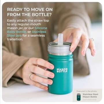 Mason Bottle Silicone Straw Topper (2 Pack) - Sippy Cup Top Replacement, Fits Any 8oz Regular-Mouth Mason Jar Baby Bottle - for All Ages, BPA Free, Non-Toxic, Dishwasher Safe - Made in USA