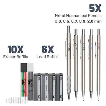Mr. Pen- Metal Mechanical Pencil Set with Lead and Eraser Refills, 5 Sizes, 0.3, 0.5, 0.7, 0.9, 2mm,...