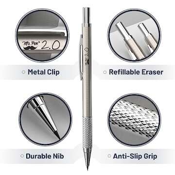 Mr. Pen- Metal Mechanical Pencil Set with Lead and Eraser Refills, 5 Sizes, 0.3, 0.5, 0.7, 0.9, 2mm, Drafting, Sketching, Architecture, Drawing Metal Mechanical Pencils