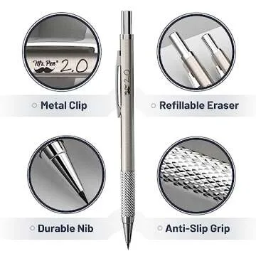 Mr. Pen- Metal Mechanical Pencil Set with Lead and Eraser Refills, 5 Sizes, 0.3, 0.5, 0.7, 0.9, 2mm, Drafting, Sketching, Architecture, Drawing Metal Mechanical Pencils