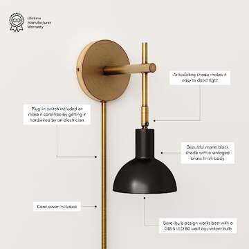 Nathan James Tamlin Wall Light Fixture, Wall Mounted 1-Light Lamp, Plugin Sconce with On/Off Switch for Living Room, Reading Nook or Bedroom, Vintage Brass/Matte Black