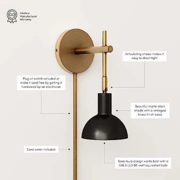 Nathan James Tamlin Wall Light Fixture, Wall Mounted 1-Light Lamp, Plugin Sconce with On/Off Switch for Living Room, Reading Nook or Bedroom, Vintage Brass/Matte Black