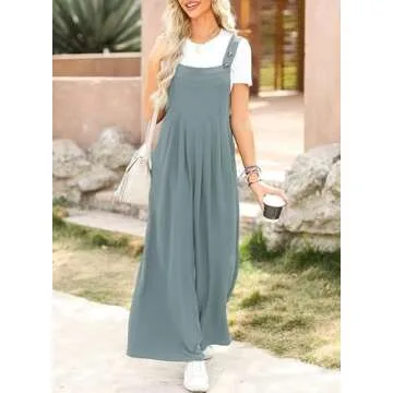 Dokotoo Womens Overalls Dusk Blue Jumpsuits for Women Casual Loose Fit Solid Color Wide Leg One Piece Sleeveless Jumpsuit Adjustable Straps Long Pant Rompers with Pockets Medium
