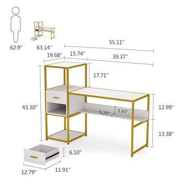 Tribesigns Computer Desk with 4 Storage Shelves, Modern Office Desk Computer Table Writing Desk with 2 Drawers, White Gold Workstation Desk for Home Office