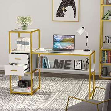 Tribesigns Computer Desk with 4 Storage Shelves, Modern Office Desk Computer Table Writing Desk with 2 Drawers, White Gold Workstation Desk for Home Office