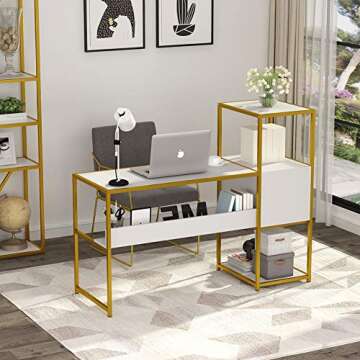 Tribesigns Computer Desk with 4 Storage Shelves, Modern Office Desk Computer Table Writing Desk with 2 Drawers, White Gold Workstation Desk for Home Office