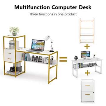 Tribesigns Computer Desk with 4 Storage Shelves, Modern Office Desk Computer Table Writing Desk with 2 Drawers, White Gold Workstation Desk for Home Office