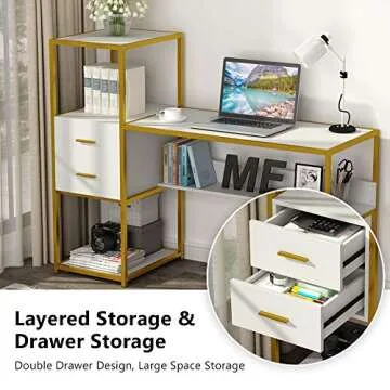Tribesigns Computer Desk with 4 Storage Shelves, Modern Office Desk Computer Table Writing Desk with 2 Drawers, White Gold Workstation Desk for Home Office