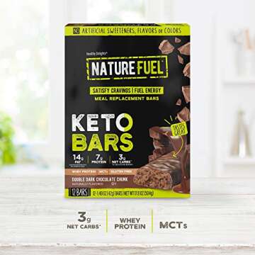 Healthy Delights Nature Fuel Keto Meal Replacement Bar Gluten Free with Whey Protein MCTs, Double Dark Chocolate Chunk, 12 Count