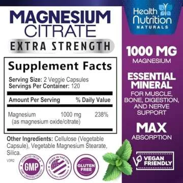 Magnesium Citrate Capsules 1000mg - Max Absorption Magnesium Powder Capsules for Muscle, Nerve, Bone...