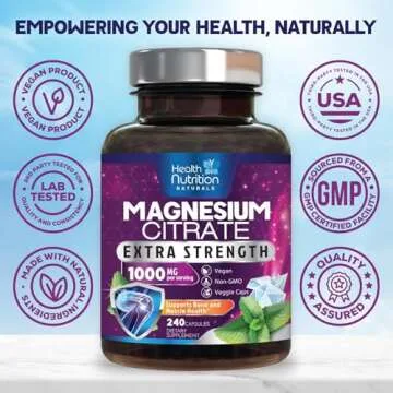 Magnesium Citrate Capsules 1000mg - Max Absorption Magnesium Powder Capsules for Muscle, Nerve, Bone and Heart Health Support, High Absorption Citrate Complex, Gluten Free, Non-GMO - 240 Capsules