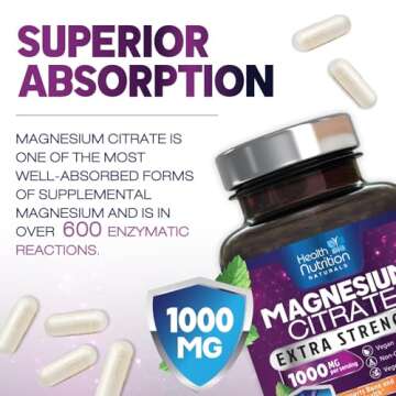 Magnesium Citrate Capsules 1000mg - Max Absorption Magnesium Powder Capsules for Muscle, Nerve, Bone and Heart Health Support, High Absorption Citrate Complex, Gluten Free, Non-GMO - 240 Capsules