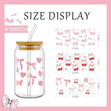 AFRITEE UV DTF Cup Wrap - 8 Sheets Cute Cherry UV DTF Cup Wraps for 16 oz Glass Water Bottle, Pink Bow Uvdtf Transfer Stickers for Girls DIY Craft Decorations, Creative Gifts for Girlfriend