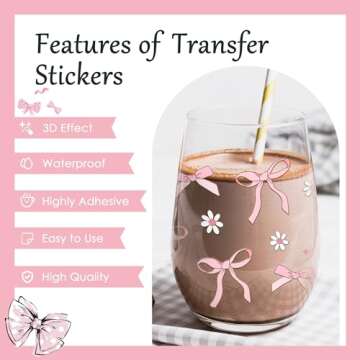 AFRITEE UV DTF Cup Wrap - 8 Sheets Cute Cherry UV DTF Cup Wraps for 16 oz Glass Water Bottle, Pink Bow Uvdtf Transfer Stickers for Girls DIY Craft Decorations, Creative Gifts for Girlfriend