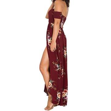 SVALIY Women Floral Off The Shoulder Split Chiffon Maxi Beach Dress Wedding Party (M, Red Wine)